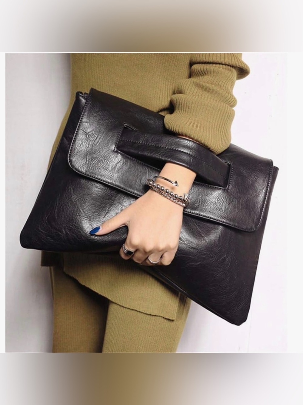 Black Oversized Faux Leather Envelope Clutch Bag - Detachable Strap